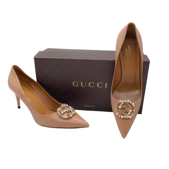 GUCCI BEIGE EMBELLISHED GG POINTED TOE LEATHER PUMPS - Picture 8 of 8